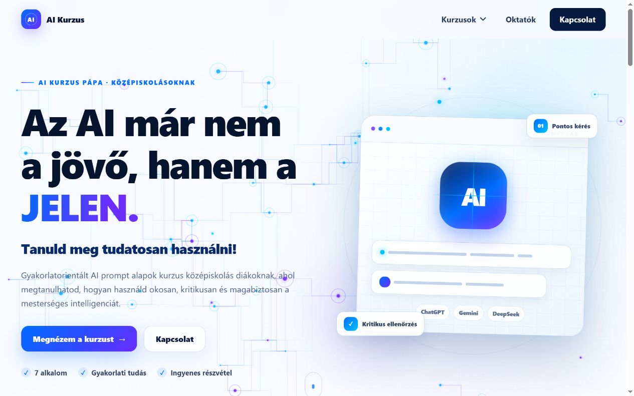 AI Kurzus Pápa oktatási weboldal referencia – K&M CodeLab